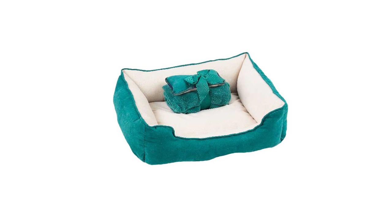 KIT CAMA MASCOTA RECTANGULAR CON MANTA Y COJIN